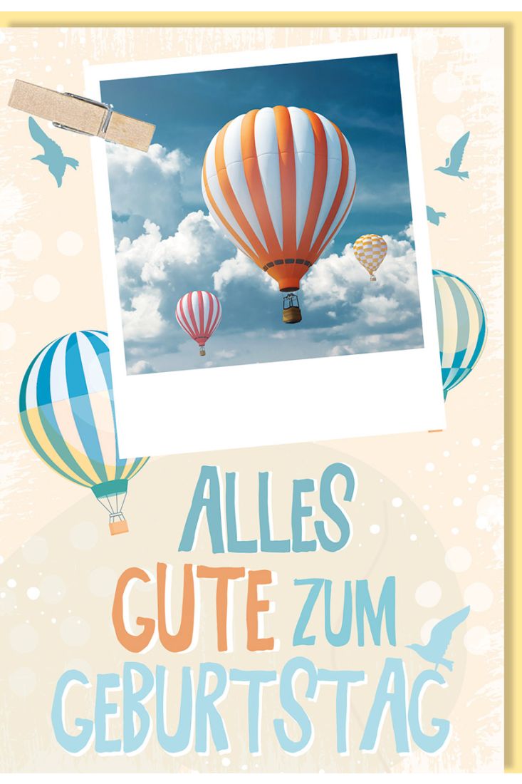 Glückwunschkarte Geburtstag Heißluftballons, Naturkarton, mit Stanzteil und Magnetklammer