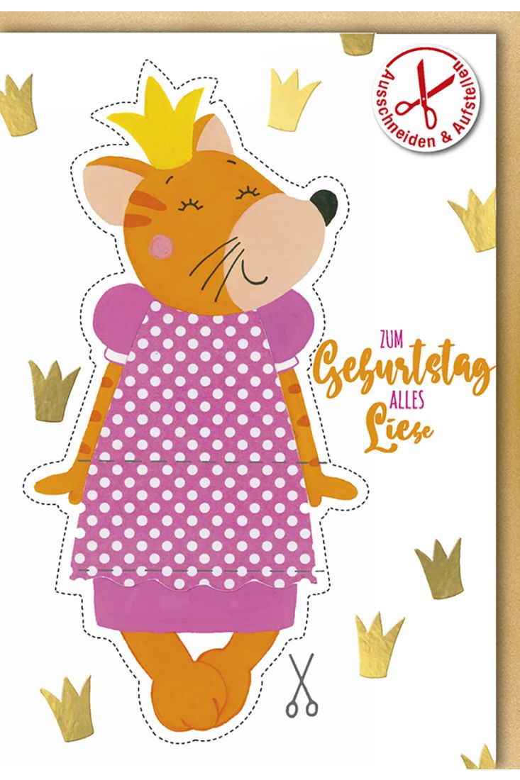 Geburtstagskarte für Kinder mit Maus als Prinzessin und goldener Folienprägung