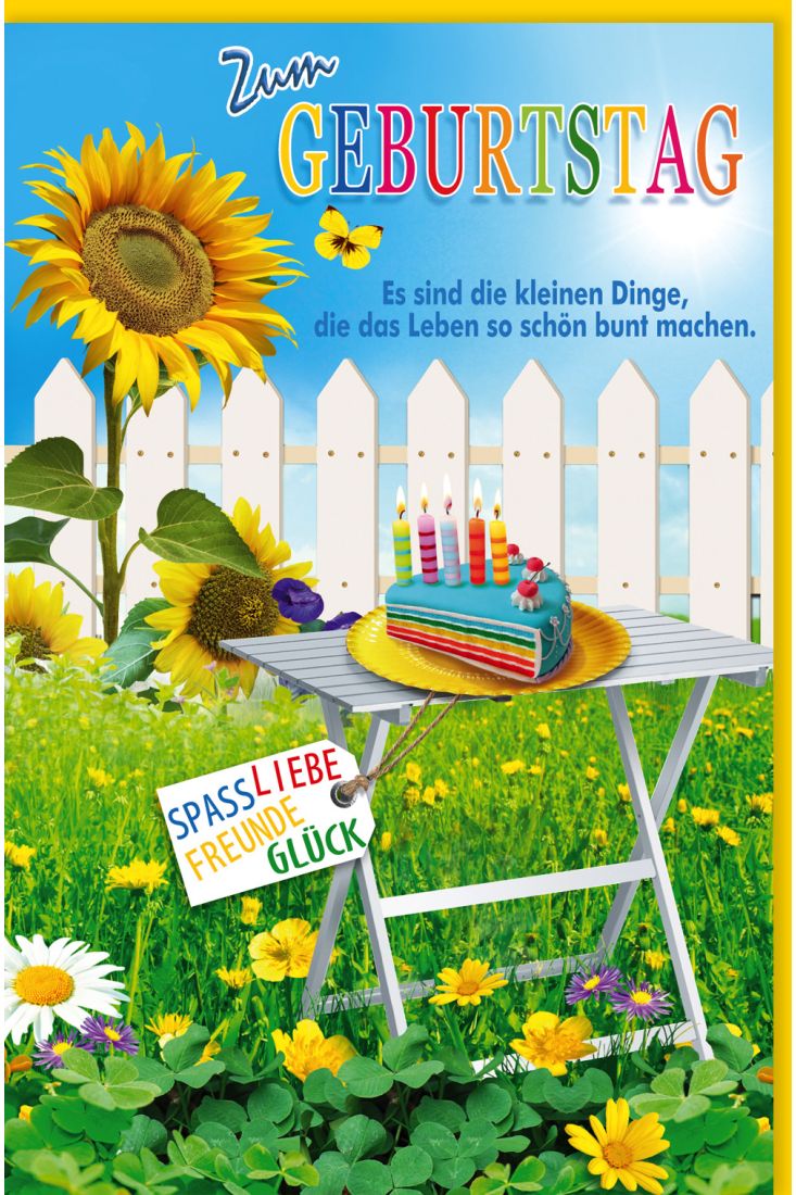 Glückwunschkarte Geburtstag Weißer Gartentisch, Zaun, Sonnenblume, Blumenwiese