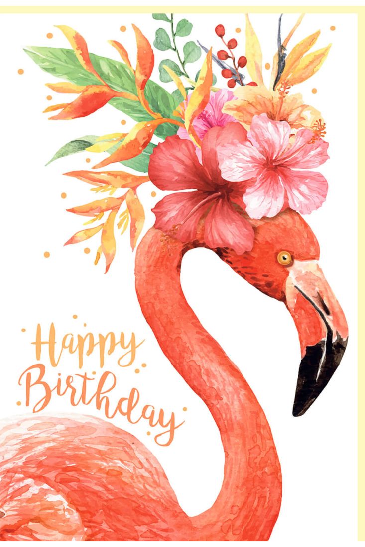 Geburtstagskarte aquarell Flamingo mit Blumen auf dem Kopf