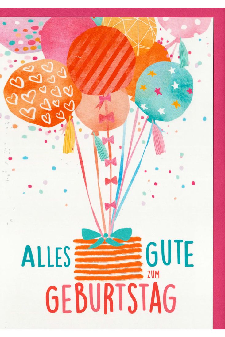 Geburtstagskarte Korb mit Schleife hängt an Luftballons