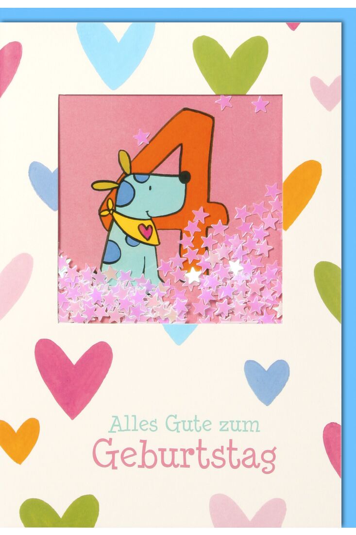 Geburtstagskarte für Kinder 4. Geburtstag - blauer Hund mit gelben Tuch