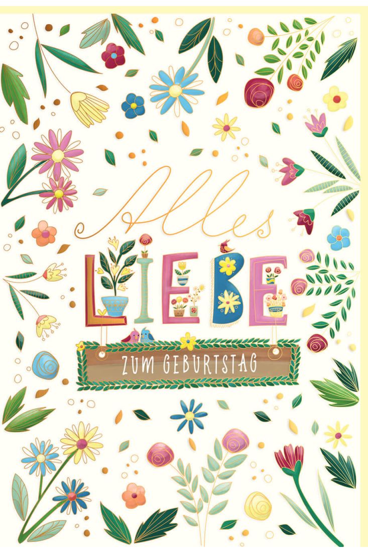 Geburtstagskarte mit Blumen, Naturkarton, mit Goldfolie und Blindprägung Alles Liebe