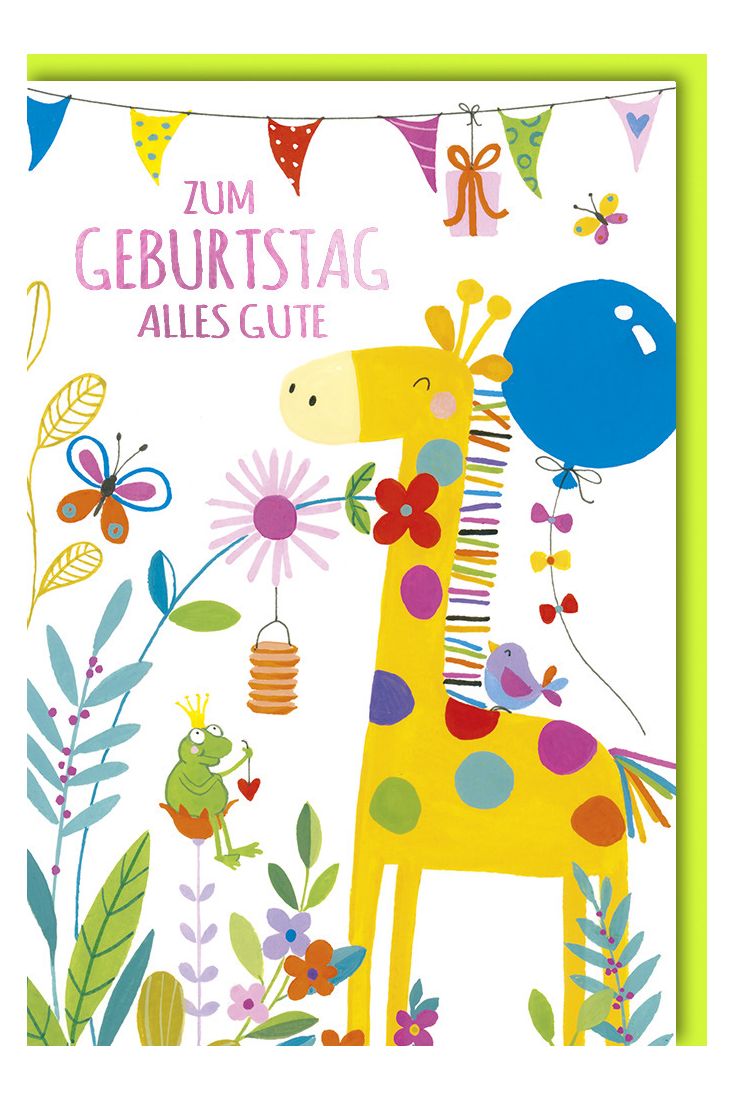 Kindergeburtstagskarte - Frosch und Giraffe unter Wimpelkette