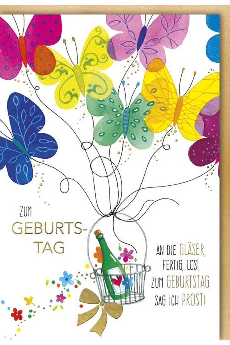 Glückwunschkarte Geburtstag Sekt in Korb mit Schmetterlingen