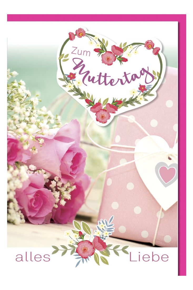 Muttertagskarte - Rosa Rosen und Geschenk