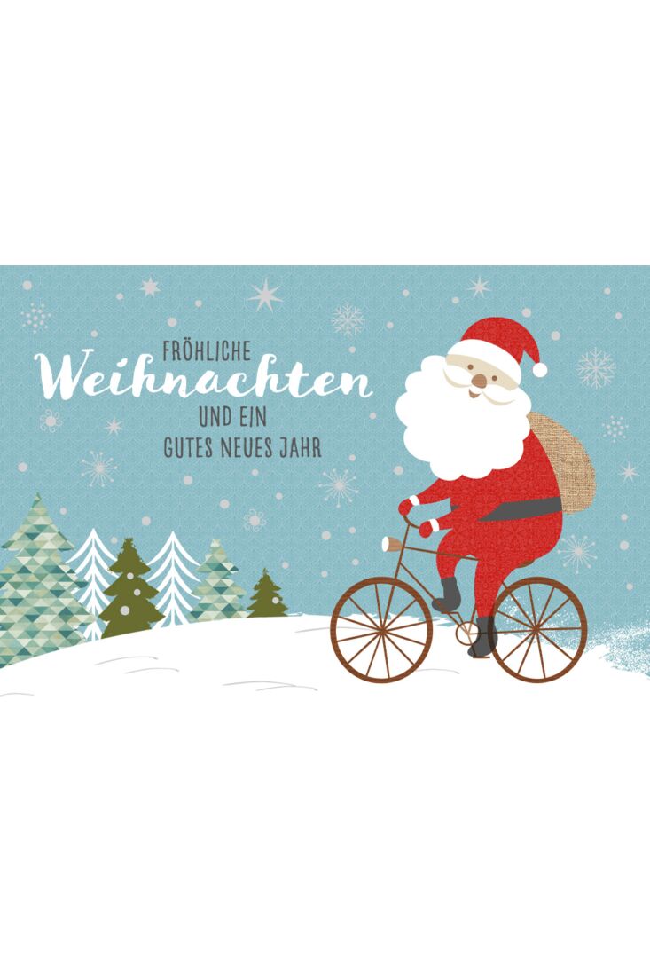 Weihnachtskarte Weihnachtsmann auf Fahrrad