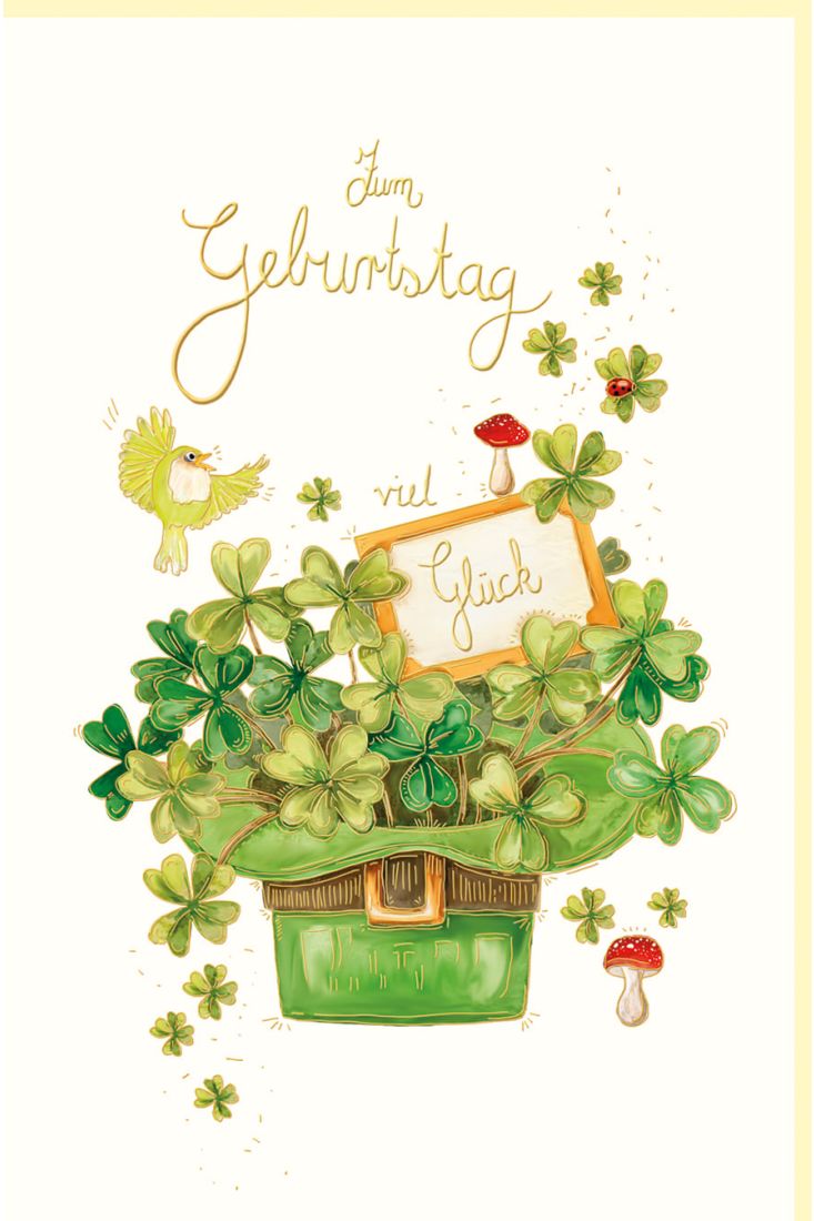 Glückwunschkarte Geburtstag Vogel, Kleeblatt, Hut, Naturkarton, mit Goldfolie und Blindprägung