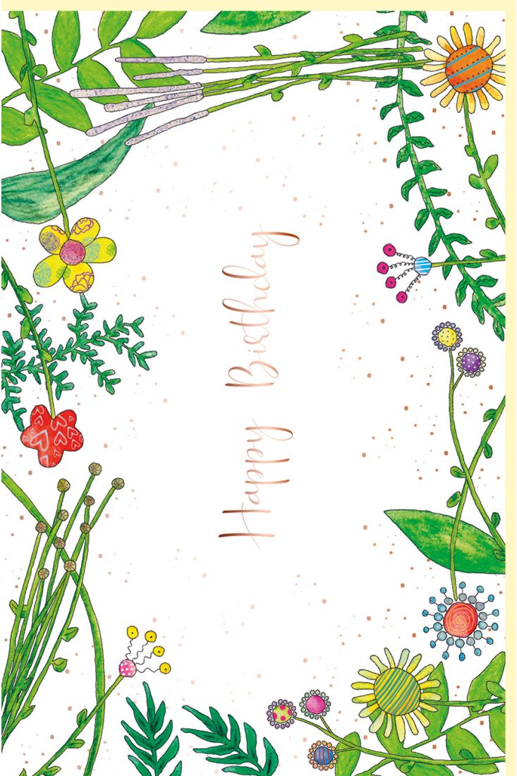Geburtstagskarte schön mit Flora Blumen und Blätter, Naturkarton, mit rosègoldener Metallicfolie