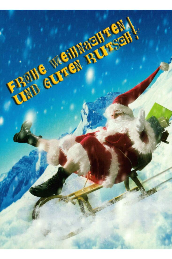 Weihnachtspostkarte Weihnachtsmann Schlitten Berg Schnee