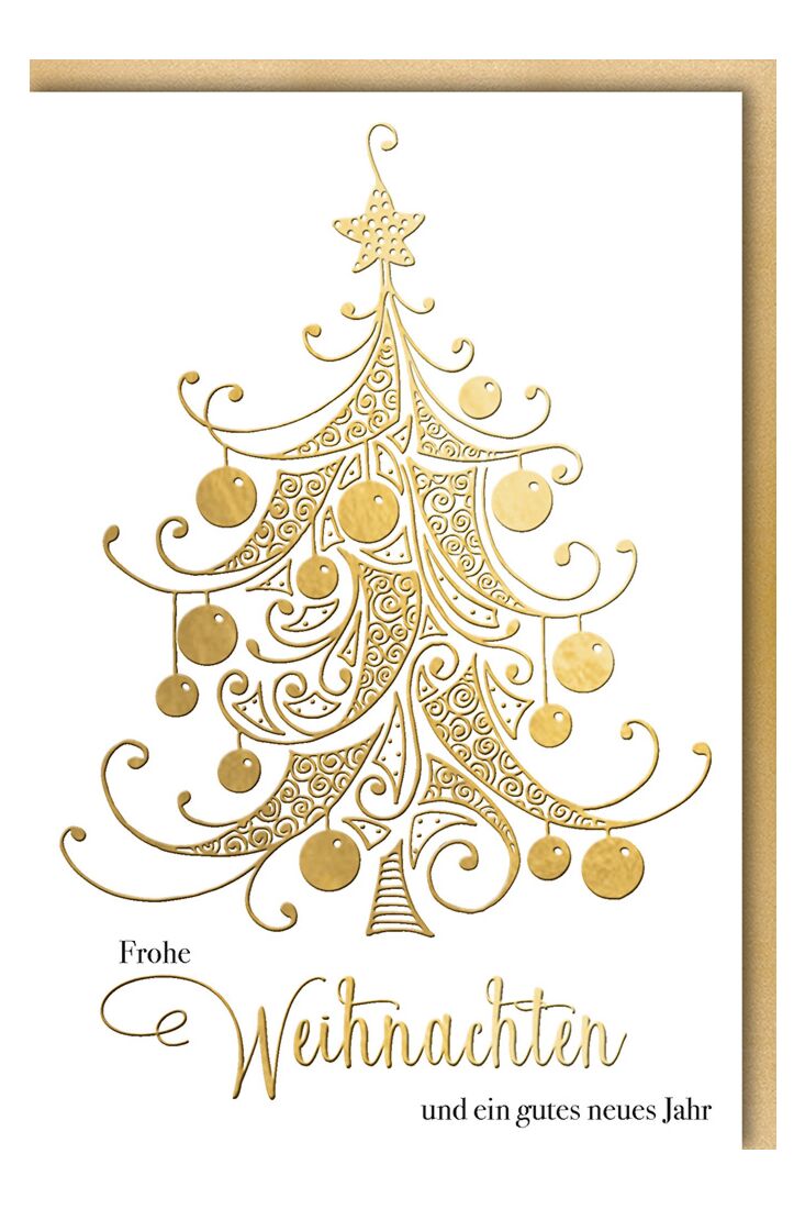 Weihnachtskarte schön Spruch Frohe Weihnachten und ein gutes neues Jahr Weihnachtsbaum gold groß