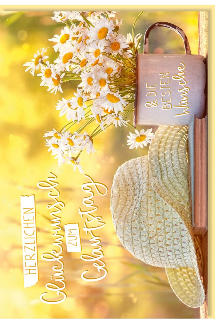 Geburtstagskarte mit Blumen Tasse Tisch Hut