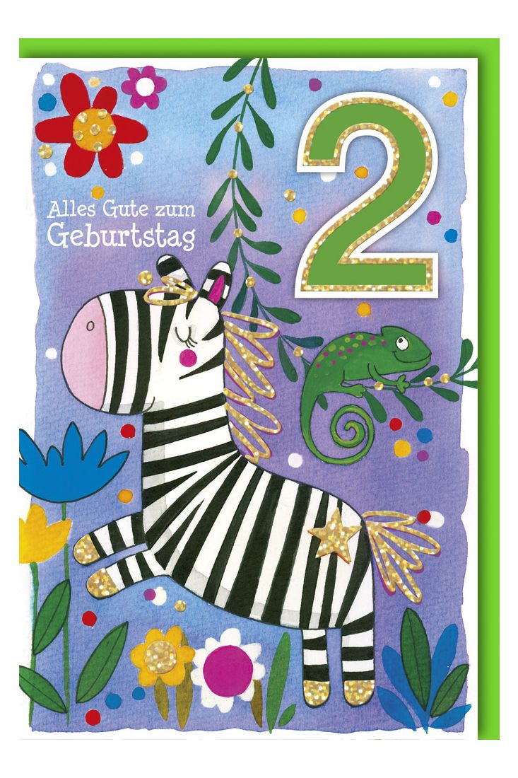 Geburtstagskarte für Kinder 2 Jahre Zebra mit Chamäleon