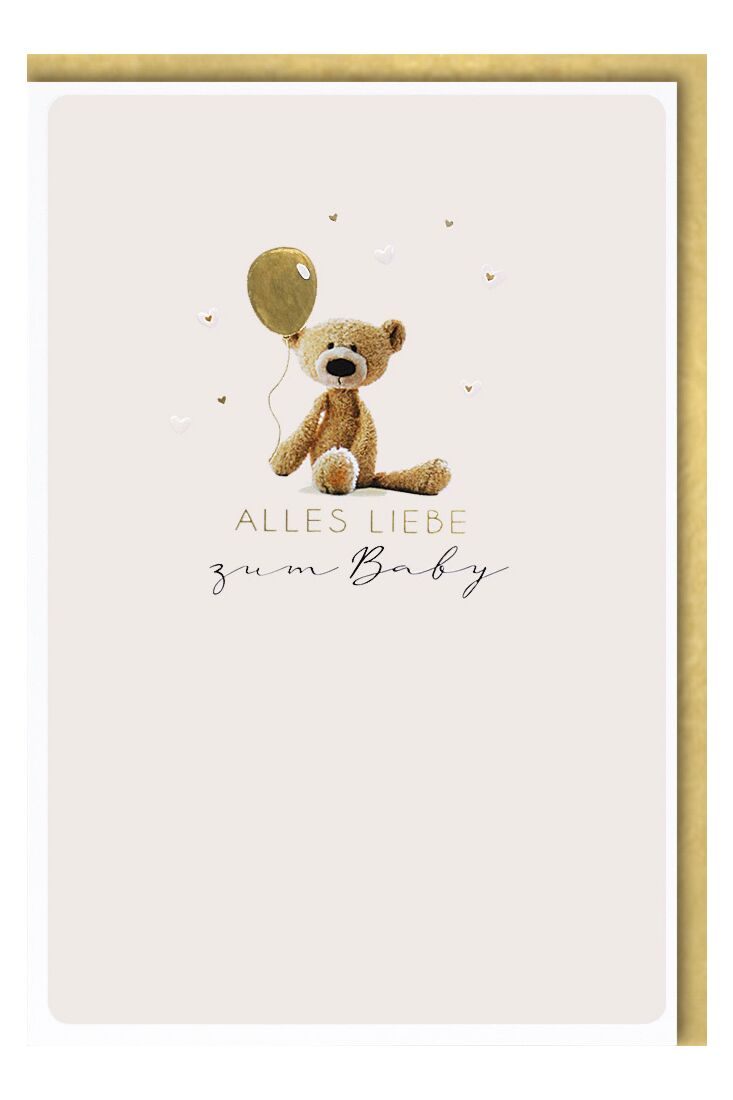 Glückwunschkarte Geburt Baby - Teddy mit goldenem Luftballon