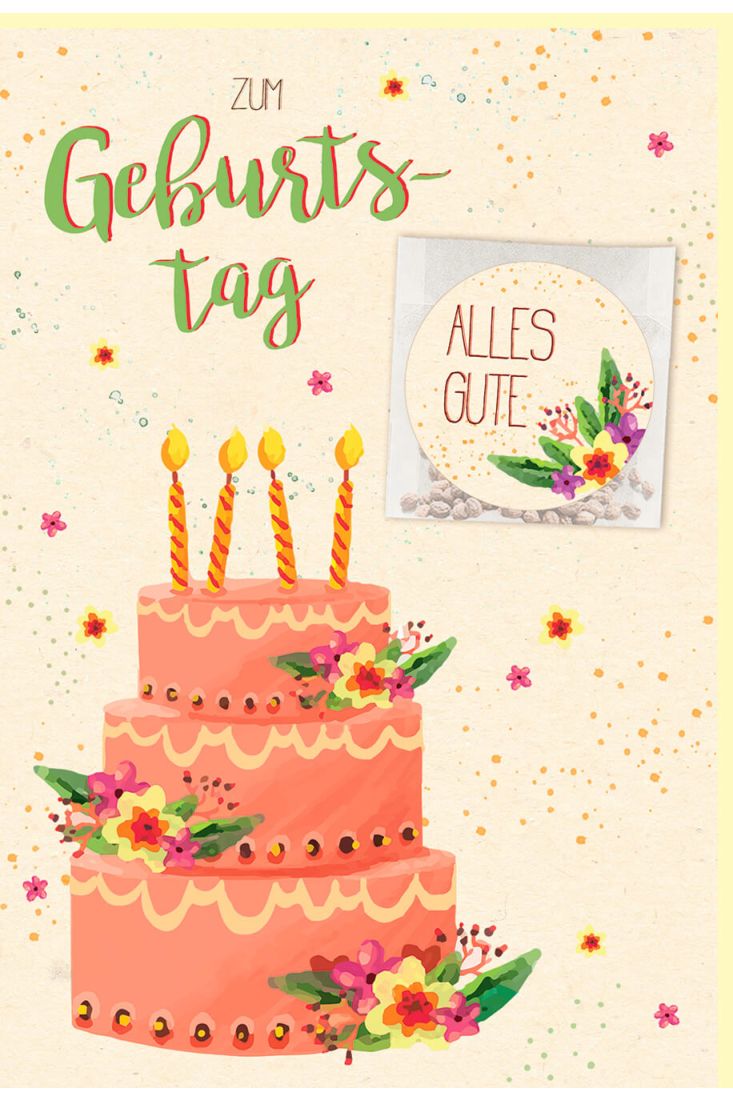 Glückwunschkarte mit Samentütchen Geburtstag Geburtstagstorte mit brennenden Kerzen, Zuckerrohrpapier