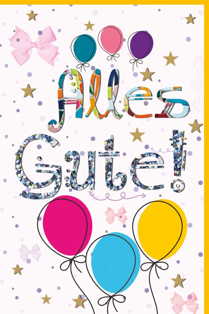 Geburtstagskarte für Kinder Luftballons, Schleifen, Sterne, mit Glimmer