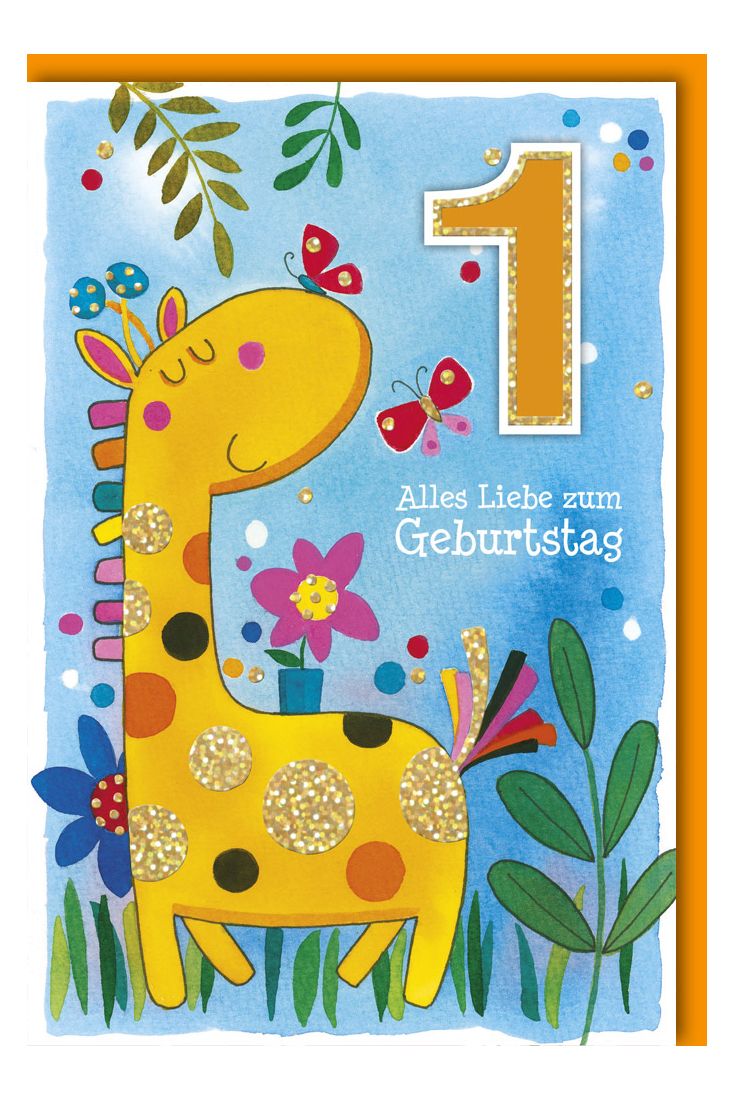 Geburtstagskarte für Kinder 1 Jahr Giraffe mit Schmetterlinge