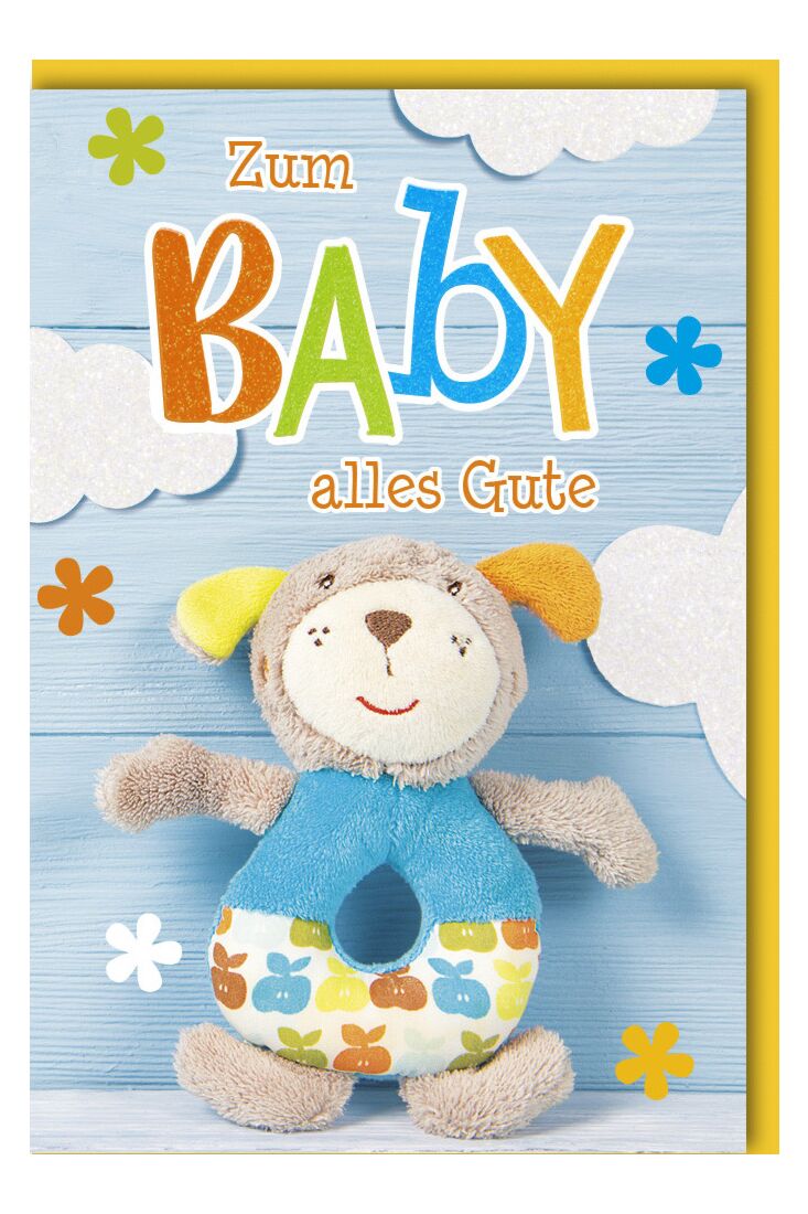 Karte Geburt Baby Teddybär bunt Hintergrund blau