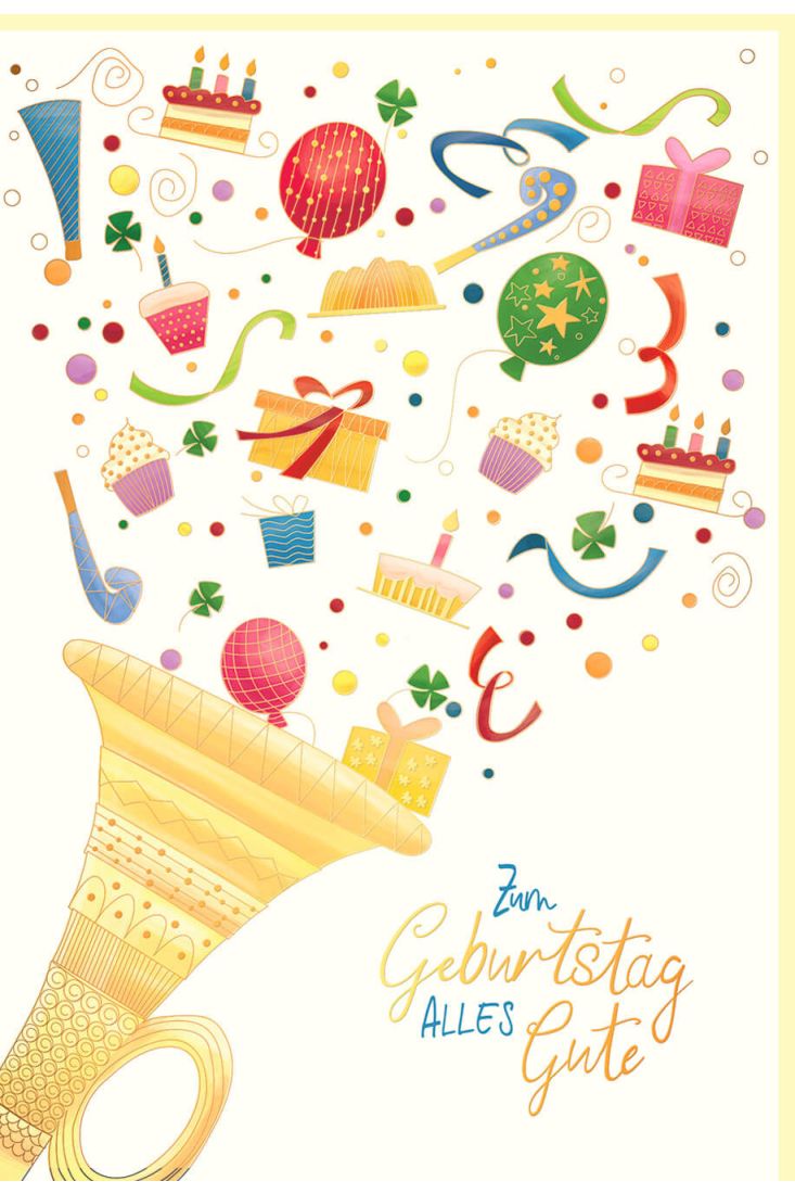 Glückwunschkarte Geburtstag Trompete, Geschenke, Kuchen, Naturkarton, mit Goldfolie und Blindprägung