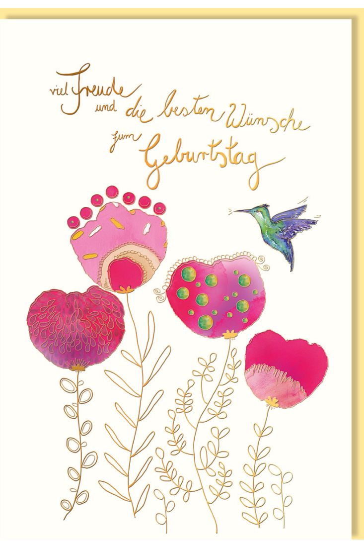 Glückwunschkarte Geburtstag Pinke Blüten und Kolibri, mit kupferfarbener Metallicfolie und Blindprägung, Naturkarton