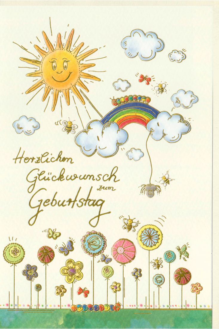 Geburtstagskarte Sonne, Regenbogen, Raupe, Wolken, Blumen, Naturkarton, mit Goldfolie und Blindprägung