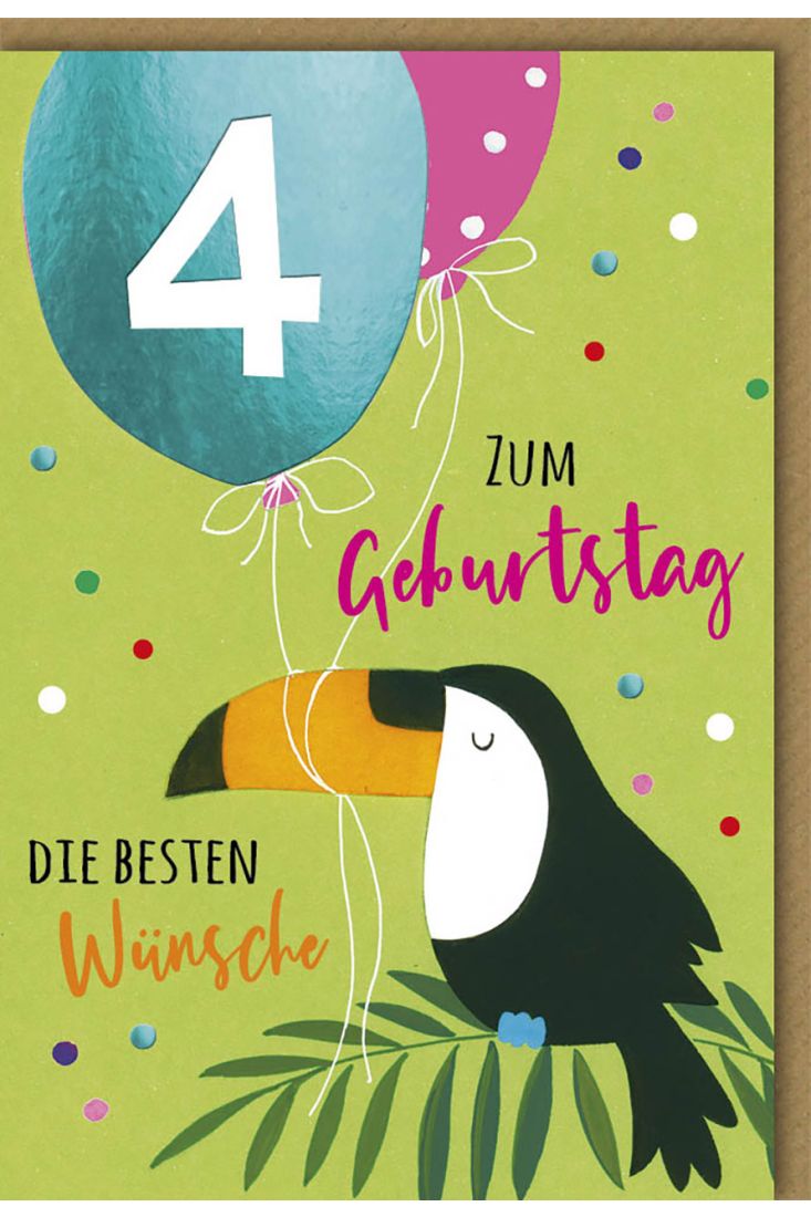 Geburtstagskarte 4. Jahre Vogel auf Blatt