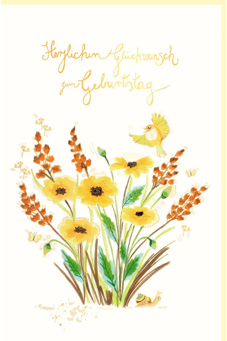 Glückwunschkarte Geburtstag Blumen, Vogel, mit Goldfolie und Blindprägung, Naturkarton