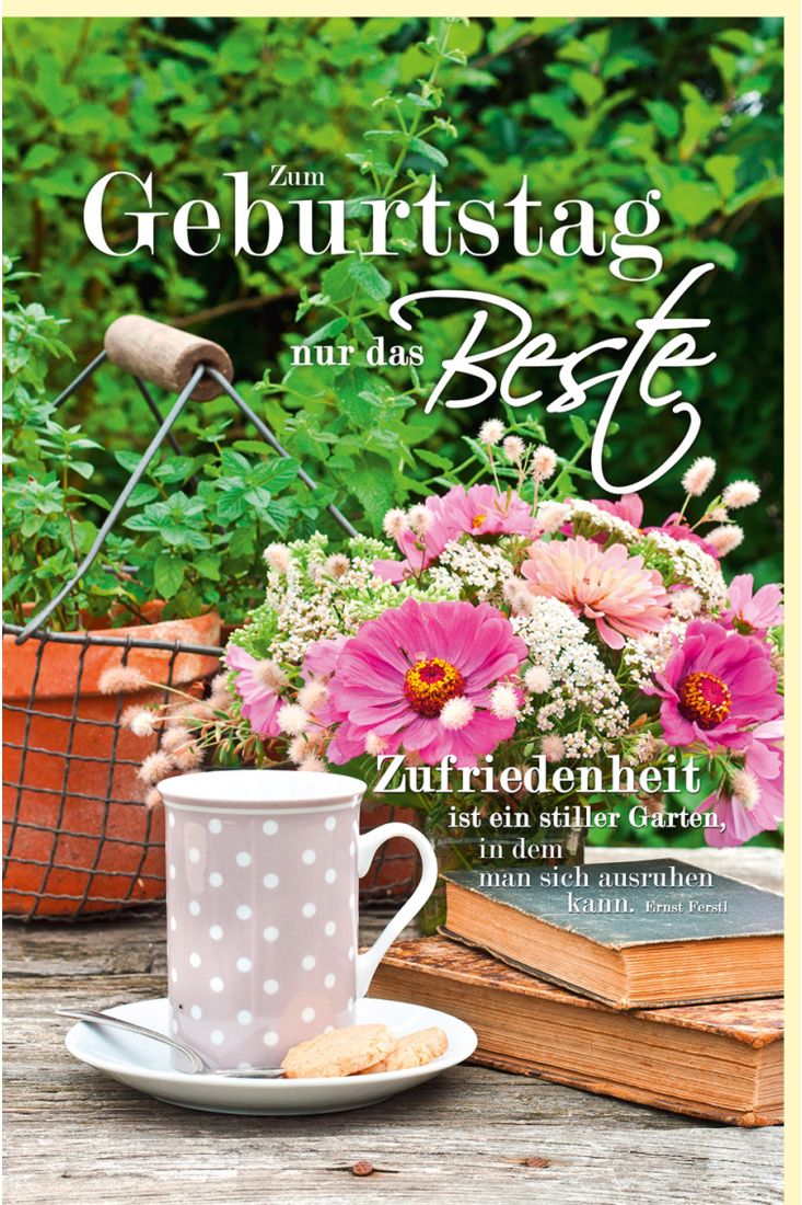Geburtstagskarte Sommer auf dem Land Tisch, Tasse, Bücher, Blumen, Korb mit Pflanzen