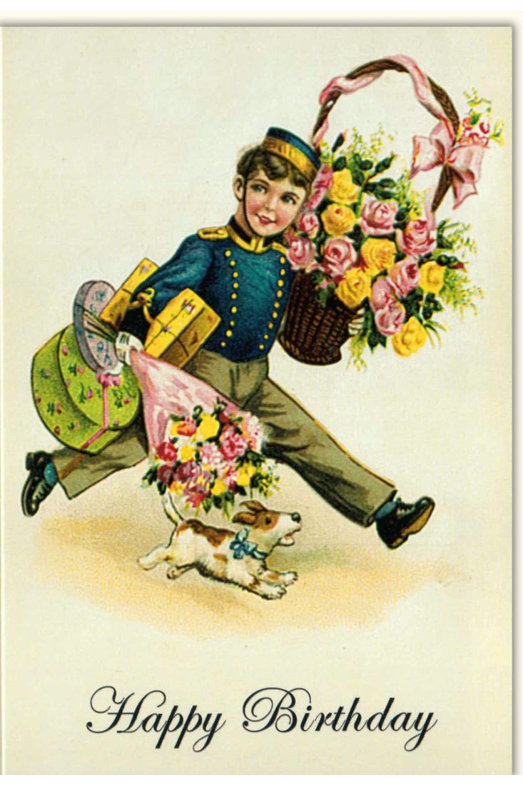 Geburtstagskarte retro Happy Birthday Junge Korb Blumen