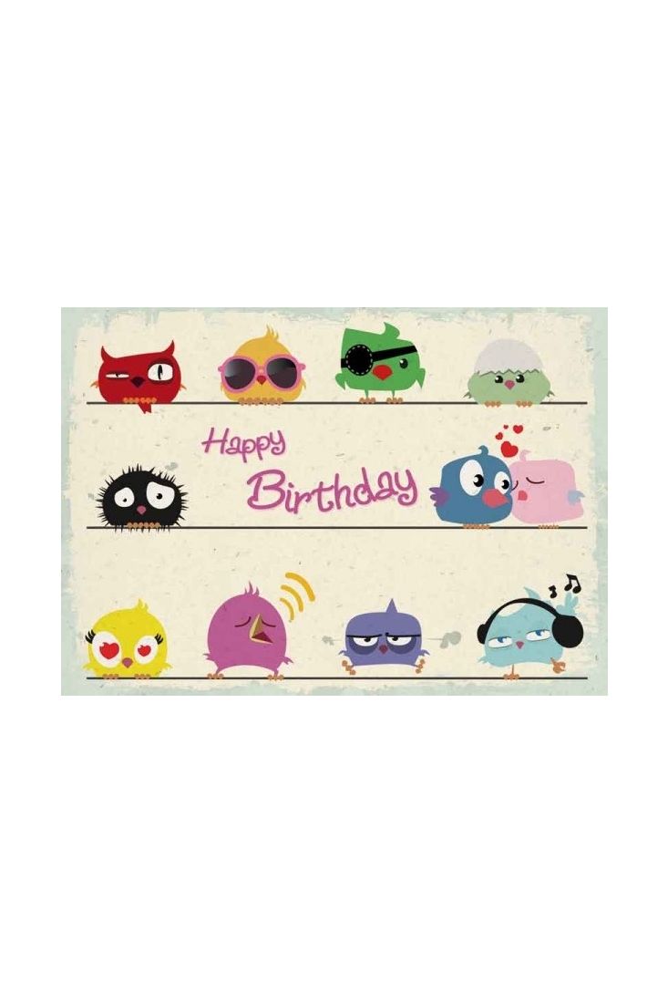 Geburtstagspostkarte Vögel bunt gezeichnet: Happy Birthday