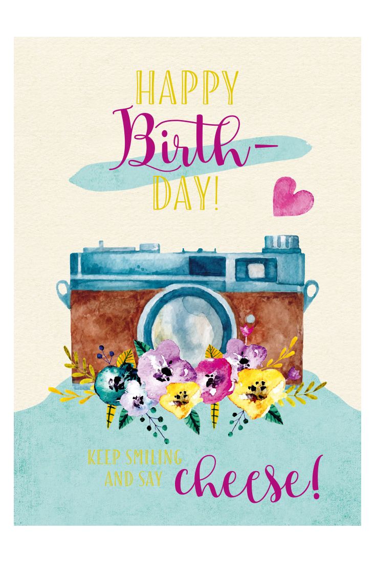 Geburtstagspostkarte Happy Birthday! Keep Smiling and say Cheese!