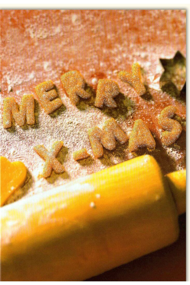 Weihnachtskarte Traditionell Merry X-Mas Buchstaben aus Plätzchenteig