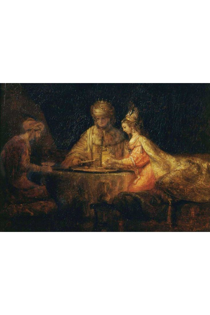 Kunstpostkarte Rembrandt von Rijn - Ahasuerus, Haman und Esther