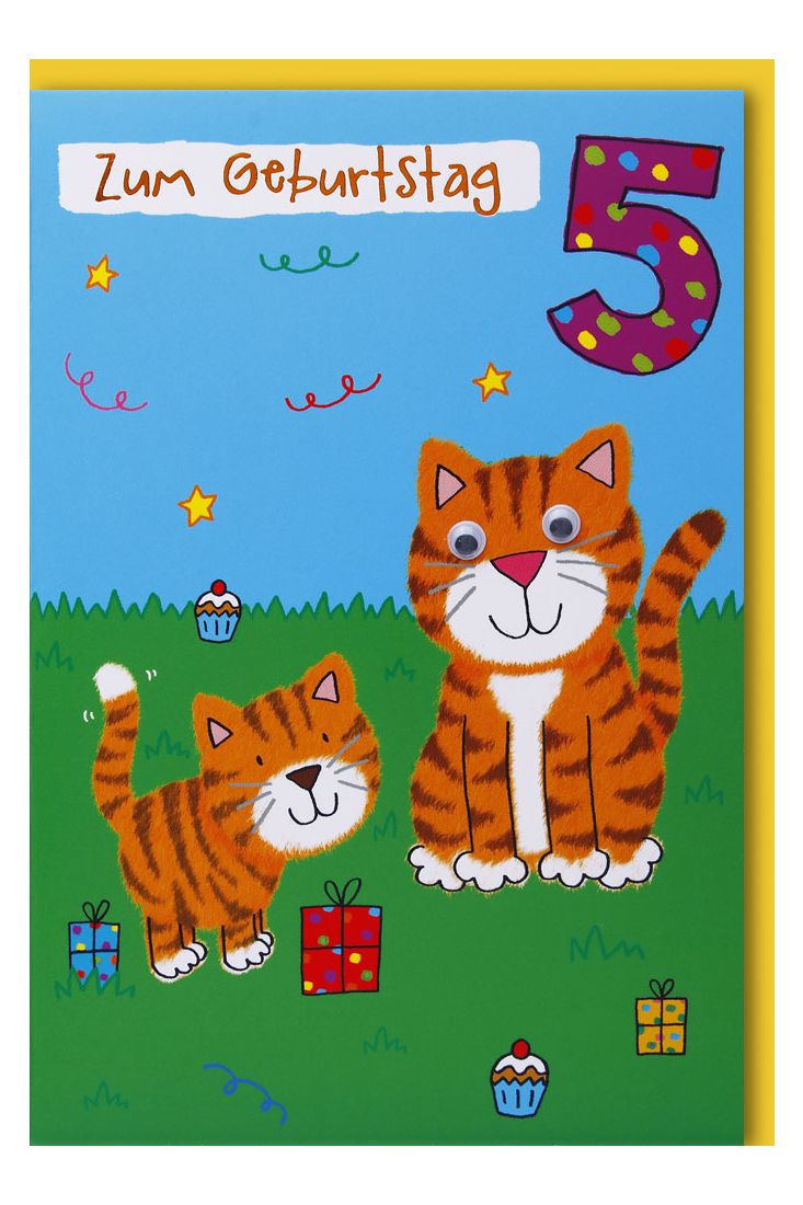 Geburtstagskarten für Kinder 5. Geburtstag Zwei Katzen mit Geschenken