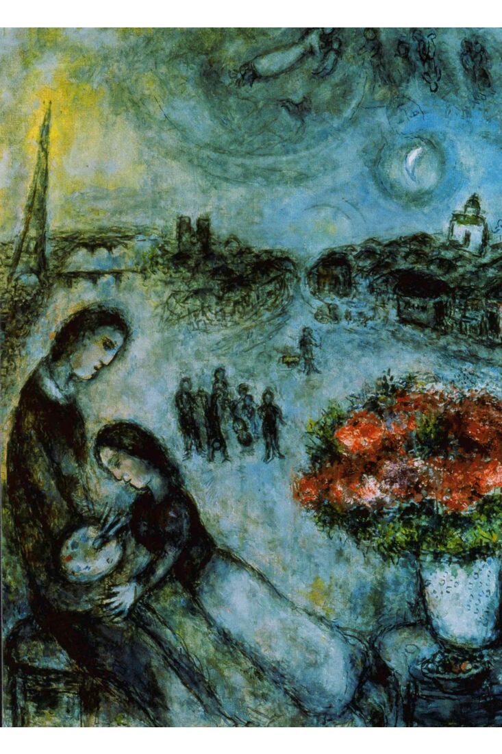 Kunstpostkarte Marc Chagall - Newlyweds with Paris in the backround