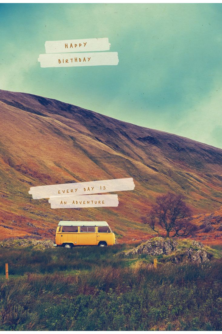 Postkarte Geburtstag VW Bus, Berg, Zuckerrohrpapier