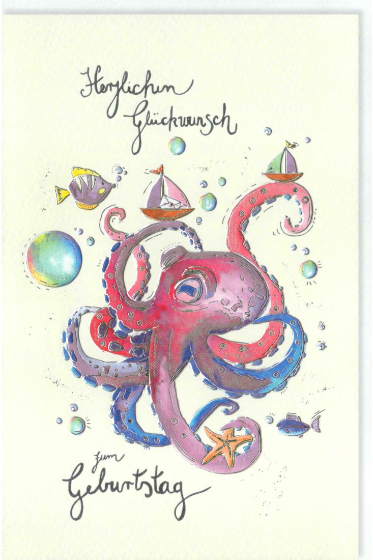 Glückwunschkarte Geburtstag Krake, Seestern, Fische, mit Silberfolie und Blindprägung