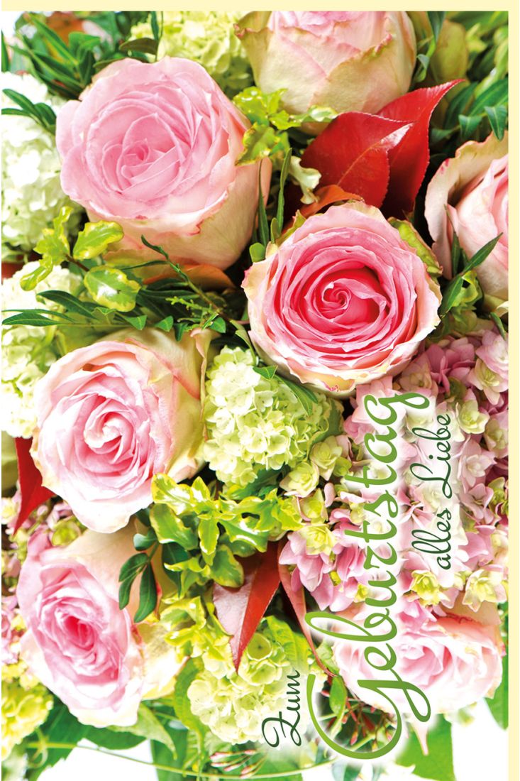 Geburtstagskarte bunter Blumenstrauß mit rosa Rosen