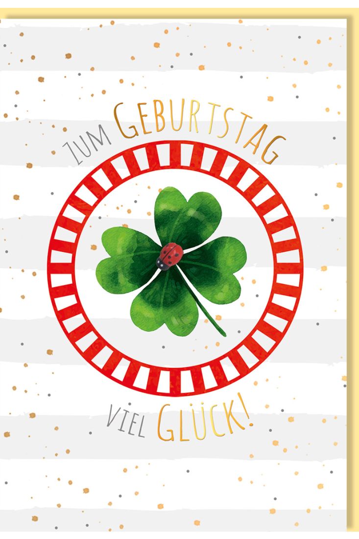 Glückwunschkarte Geburtstag Marienkäfer auf Kleeblatt, Goldfolie