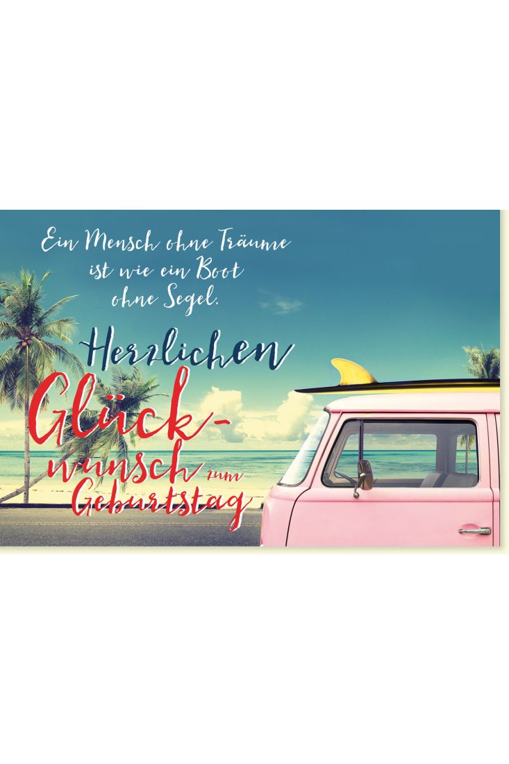 Glückwunschkarte Geburtstag Bus mit Surfbrett auf dem Dach auf Straße am Strand