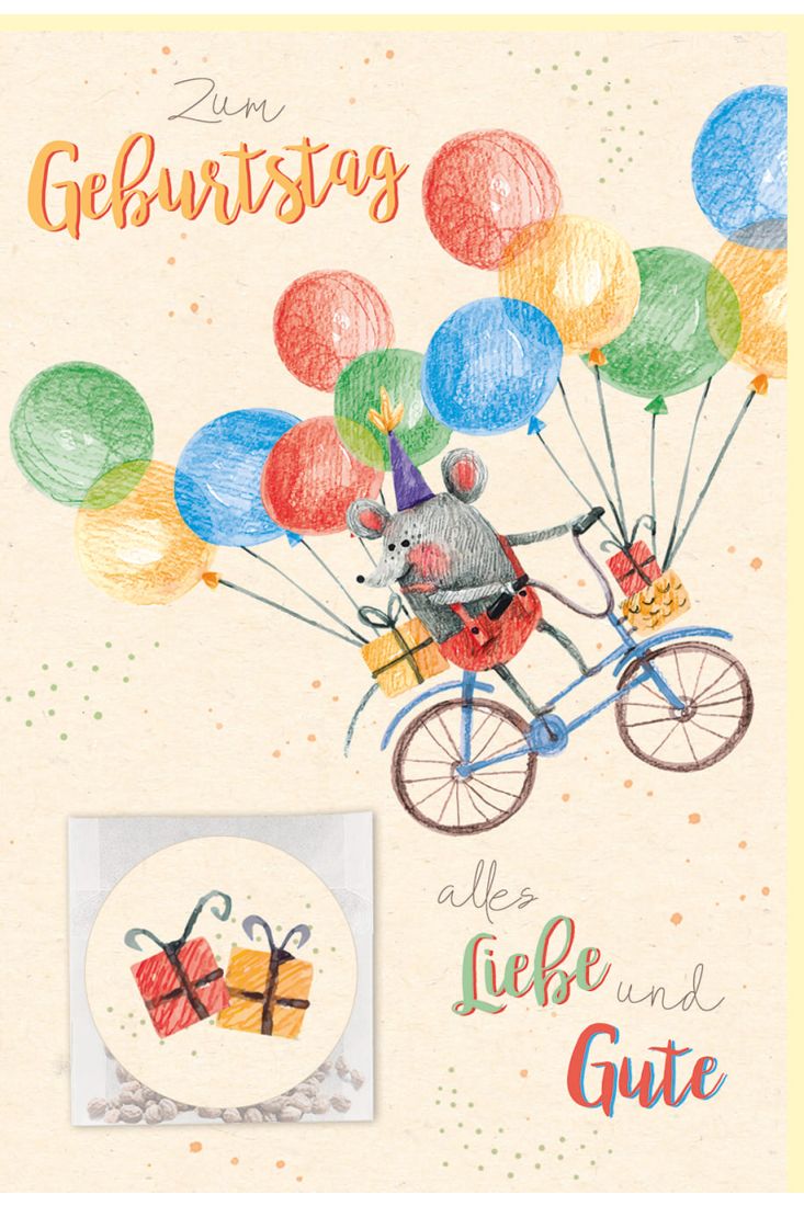 Glückwunschkarte Geburtstag Fahrrad, bunte Luftballons, Zuckerrohrpapier, Samentütchen mit Aufkleber