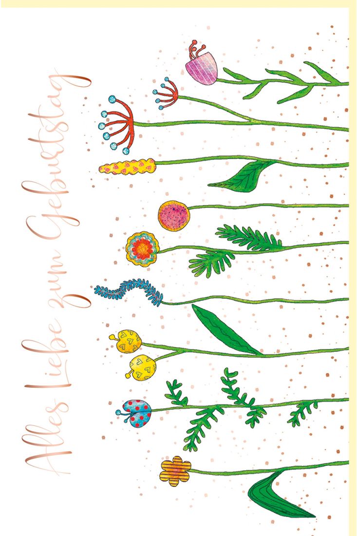 Geburtstagskarte Flora bunte Blumen, Naturkarton, mit rosègoldener Metallicfolie