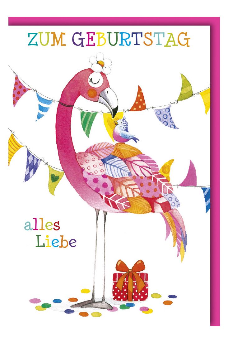 Geburtstagskarte für Kinder Flamingo mit bunten Federn