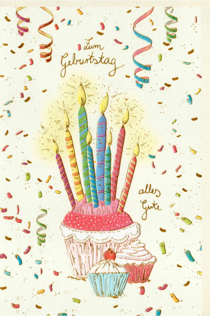 Karte Geburtstag Ein großer Muffin mit bunten Kerzen, zwei kleine Muffin, Konfetti, Naturkarton, mit Goldfolie und Blindprägung