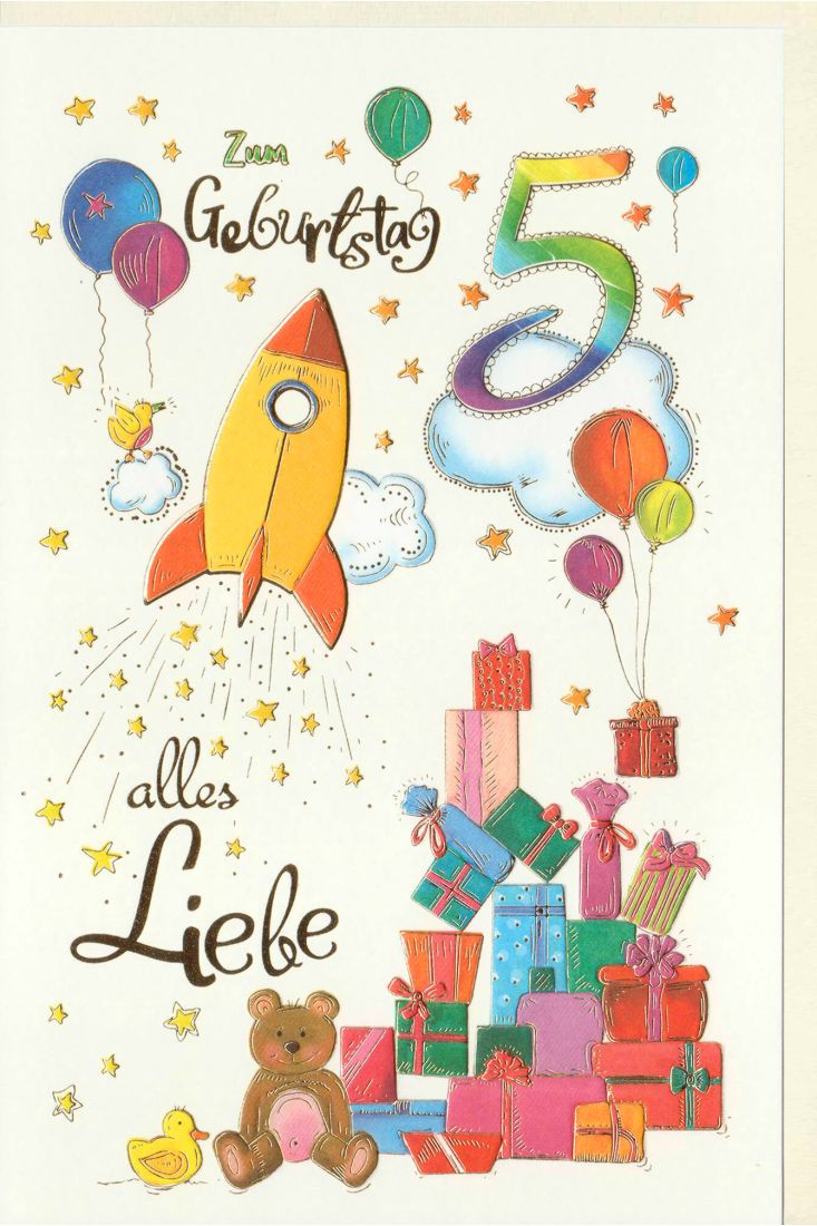 Kindergeburtstag Karte 5Jahre Rakete und Geschenke, Naturkarton, mit Goldfolie und Blindprägung