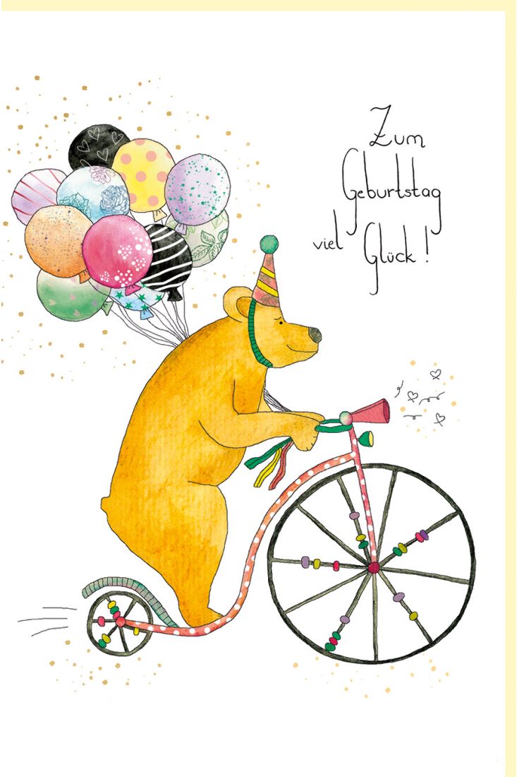Geburtstagskarte Bär auf Fahrrad mit Luftballons, Naturkarton, mit Goldfolie und Blindprägung
