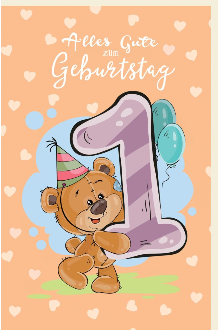 Geburtstagskarte für Kinder Teddybär mit Partyhut, Luftballons