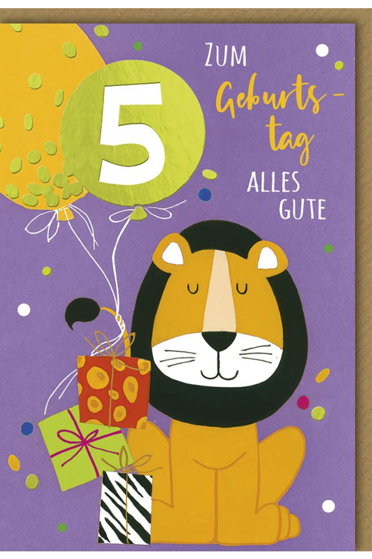 Geburtstagskarte 5. Jahre Löwe mit Geschenken