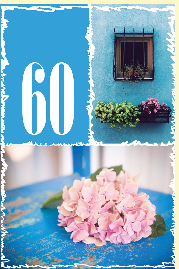 Geburtstagskarte Zahlengeburtstag 60 Jahre Fenster und Blüte