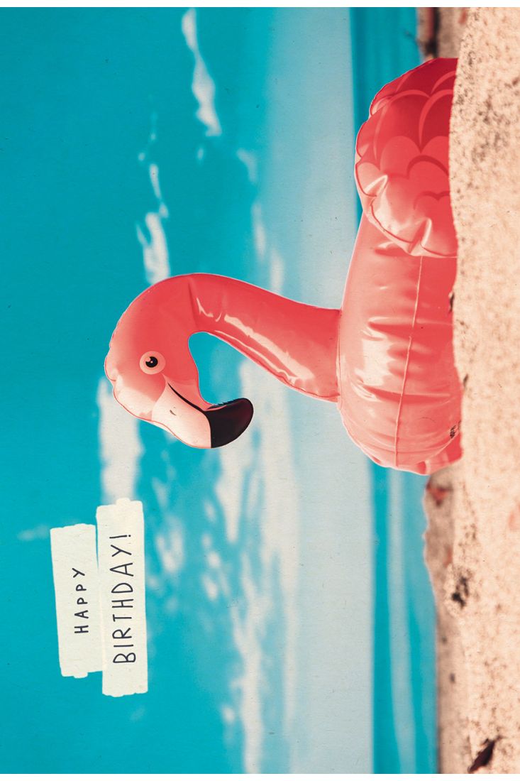 Postkarte Geburtstag Schwimmring Flamingo, Zuckerrohrpapier
